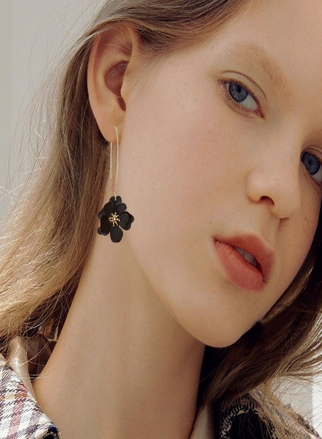 Anmpab Bohemian Matte Flower Dangle Drop Earrings floral Stud Earrings For Women Statement Wedding Holiday Jewelry (Black) - Image 2